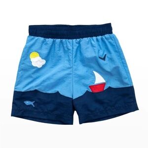 Florence Eiseman Boy's 18M Sailboat Swim Trunks Blue Embroidered Ocean Appliqué